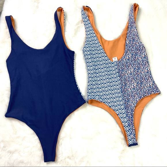 One-Piece swimsuit blue navy front floral back lined new size XS - Picture 1 of 6